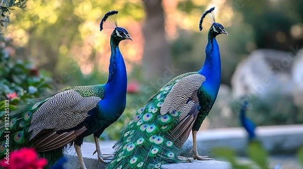 Obraz Beautiful blue and green peafowl displaying colorful plumage and tail feathers in a park or zoo setting