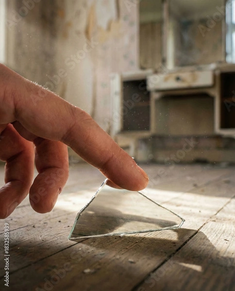 Fototapeta Fingertips tracing the sharp edge of a broken mirror shard on floor.