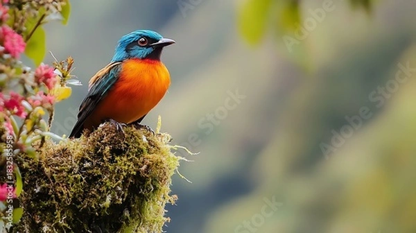 Obraz Colorful wildlife birds including a cardinal, robin, and woodpecker on a branch in nature