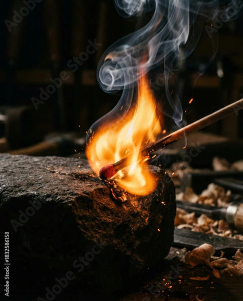 Fototapeta Match head igniting intensely with bright orange flame and smoke.