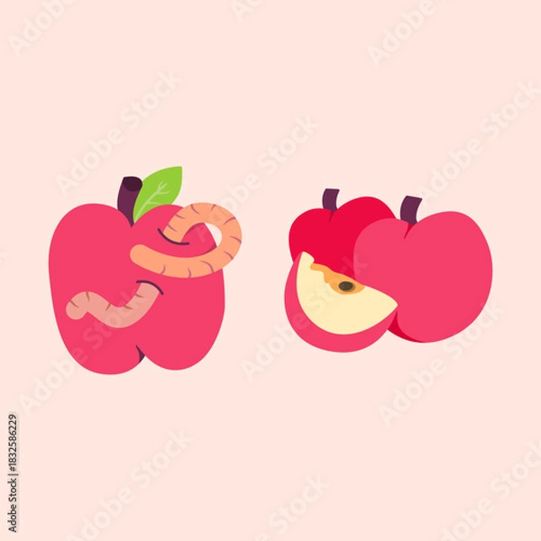 Fototapeta Bitten red apple with a worm peeking out. Clean, simple fruit illustration perfect for food themes, organic concepts, kids’ materials, and educational designs.