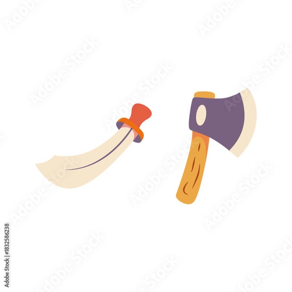 Fototapeta Sword and axe together, symbolizing battle, strength, and warrior themes. Clean, bold illustration ideal for fantasy, medieval combat, gaming icons, and adventure concepts.