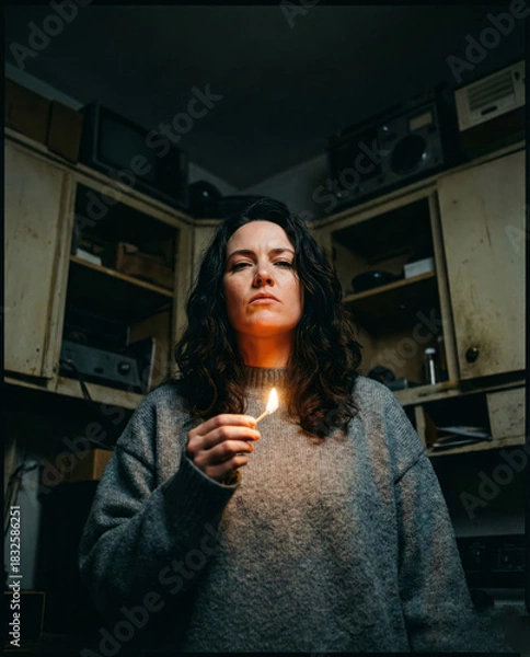 Fototapeta Woman's Face Lit by Match Flame in Dark Room