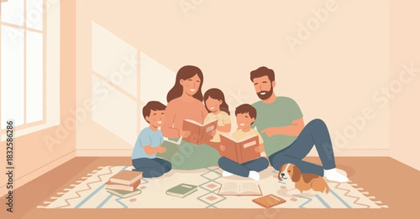 Obraz “Cute flat illustration of a family reading books together on the floor, warm muted palette, round shapes, gentle shadows, peaceful bonding moment, suitable for editorial and commercial use.”