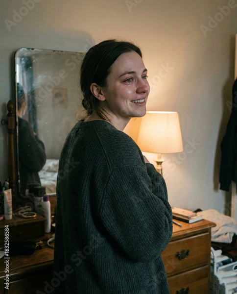 Fototapeta Woman with a soft smile in a quiet moment of self-acceptance.