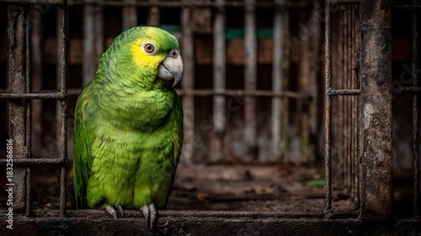 Obraz Green and yellow macaw, a colorful tropical bird with a large beak, perching on a branch in nature