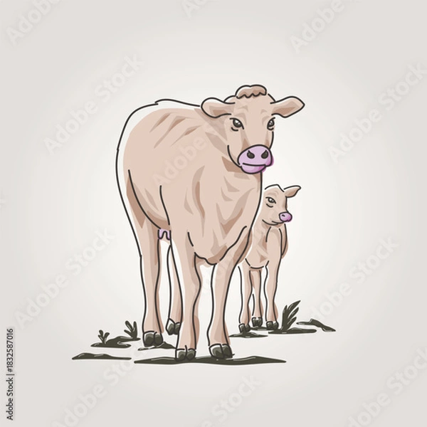 Fototapeta mother cow and calf retro vector illustration. mother cattle and calf vintage vector graphic design
