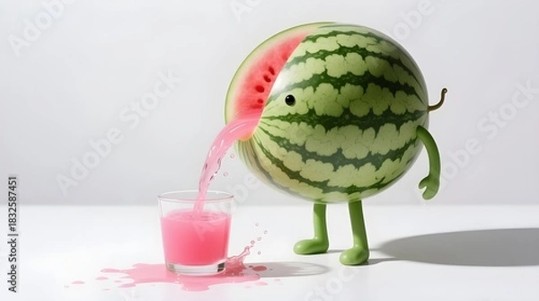 Fototapeta Surreal Watermelon Character Pouring Fresh Juice into Glass on White Background- quirky, advertisement, drink, fruits, funny, cartoon, fantasy