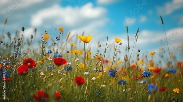 Obraz A vibrant summer meadow of wild poppies and yellow blossoms in a field of flowers