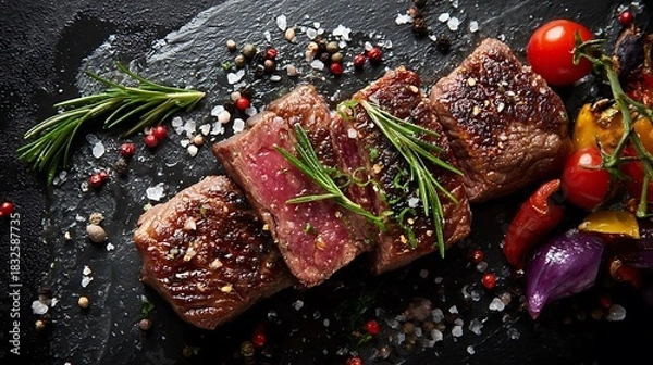 Obraz Raw beef steak with rosemary, fresh meat food ingredient