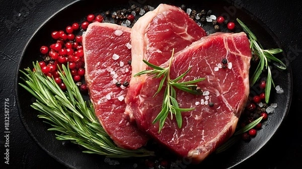 Obraz Raw beef steak with rosemary, fresh meat food ingredient