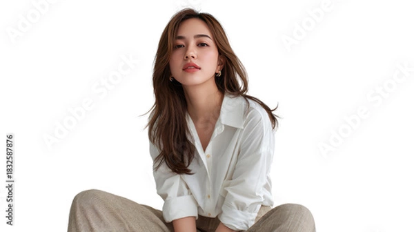 Obraz Graceful Demeanor: A captivating person sits in a relaxed pose, exuding an air of natural elegance. Her serene gaze and composed demeanor captivate the eye.