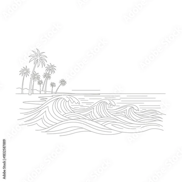 Fototapeta Detailed Line Art Depicting Ocean Waves, Palm Trees, and Beach Scene