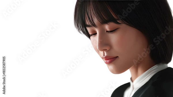 Obraz Serene Contemplation: Capturing quiet moment and elegance, a woman, her eyes closed, finds solace in her own world.