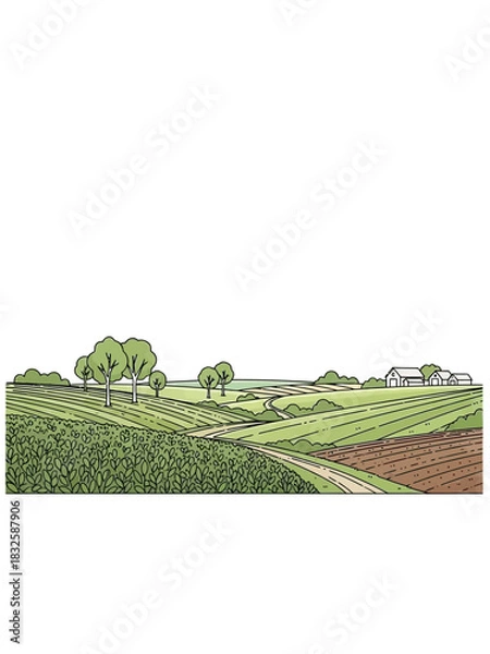 Fototapeta Hand-drawn illustration of a rural landscape with fields, trees, and buildings.