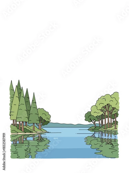 Fototapeta Hand-drawn illustration of a serene lake with trees and reflections.