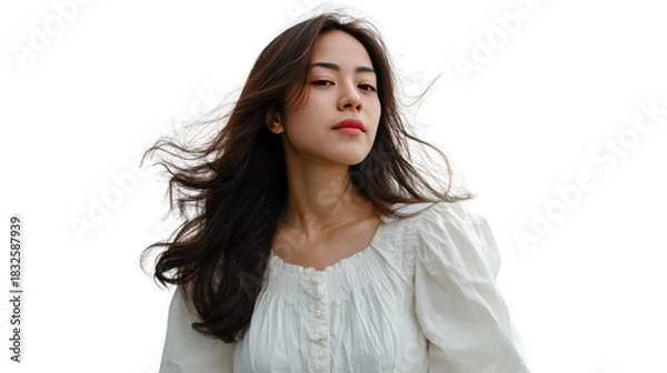 Obraz Poised Beauty: A captivating young woman, her dark hair flowing in the wind, exudes an air of serenity. Delicate features and elegant pose create a sense of ethereal beauty. 