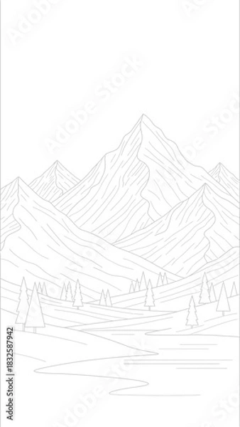 Fototapeta Line Art Depicting Mountain Range with Trees and Landscape Elements