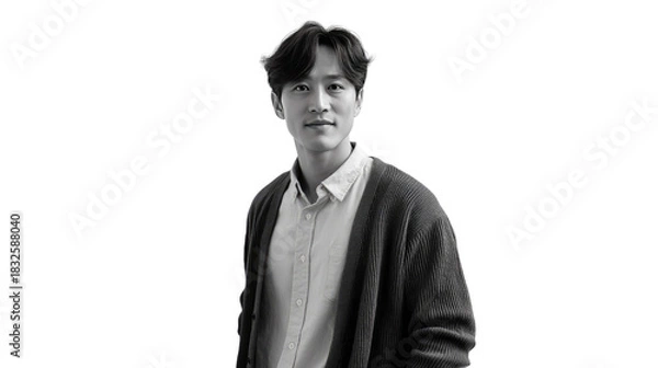 Obraz Black and White Studio Portrait: A composed and self-assured man in a studio portrait, his gaze directed forward as he stands confidently. 