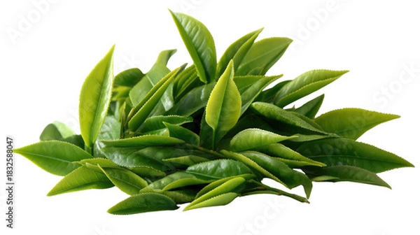 Obraz Fresh Green Tea Leaves: A close-up shot showcasing vibrant, fresh green tea leaves, arranged in a visually appealing composition that highlights their natural beauty and freshness.