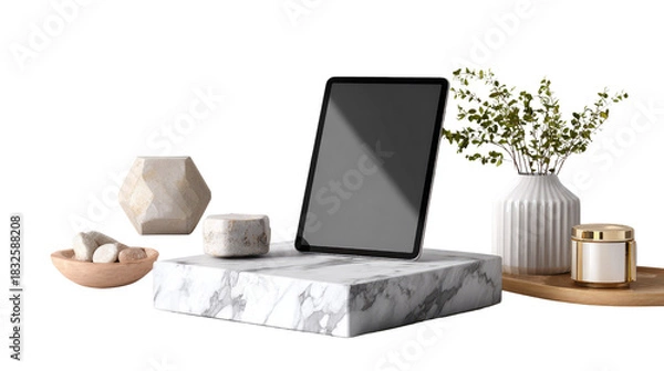 Obraz Digital Harmony: An eye-level shot captures a sleek tablet centerpiece amidst minimalist décor. The tableau is a symphony of sophistication with a clean, modern aesthetic. The tablet.