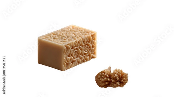 Obraz Artisan soap and Dried Pods: An intricately carved bar of artisanal soap alongside delicately textured dried pods. This image encapsulates the essence of natural self-care.
