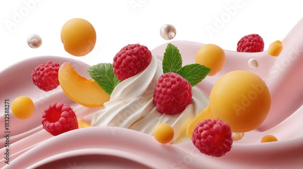 Obraz Whipped Cream Fantasy: A colorful scene of sweet and delicious desert includes fresh raspberry and mango surrounded by cream with decorative pearls.