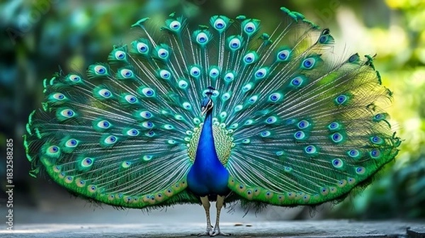 Obraz Close-up of a colorful blue and green peacock feather against a background