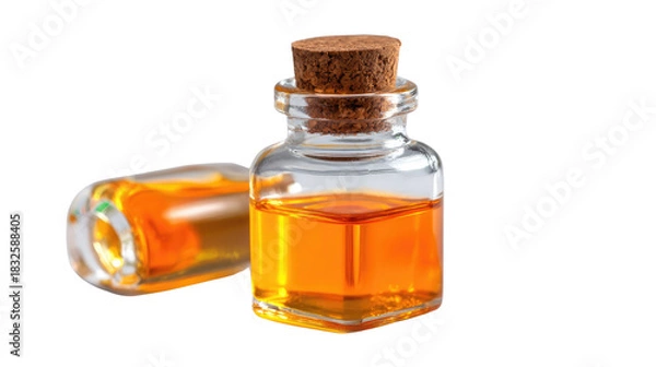 Obraz Essence in a Bottle: A close-up shot of a small glass bottle, filled with a golden liquid, and a second one spilled. The scene exudes purity and clarity, hinting at the essence within. 