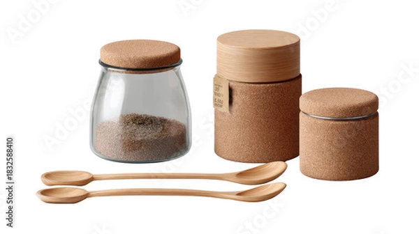 Obraz Artisan spice Storage set: Capturing the beauty of simplicity with a collection of spice jars and wooden spoons, perfect for elevating any culinary space.