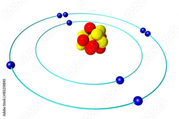 Fototapeta Oxygen atom with proton, neutron and electron, 3D Bohr model