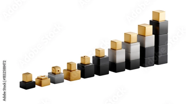 Obraz Growth Trend: An array of metallic blocks artfully arranged to illustrate a rising trend, symbolizing progress, and financial growth.