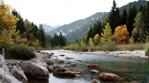 Obraz Serene Mountain River: A captivating view of a river snaking through a mountainous terrain, with the clear water reflecting the sky and the surrounding trees.
