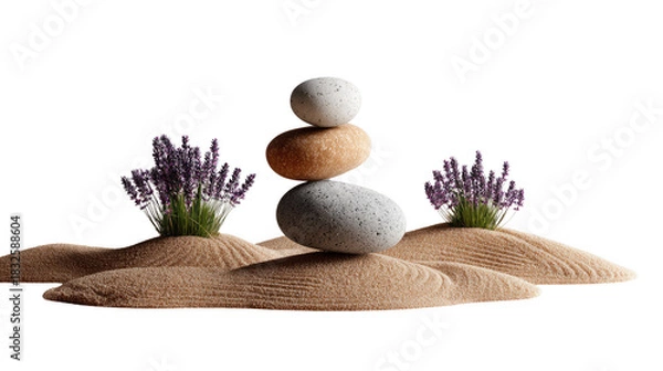 Obraz Zen Harmony: A tranquil arrangement of balanced stones and blossoming lavender, exuding a sense of peace and serenity.