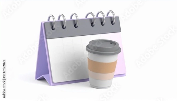 Obraz Set of calendar with coffee cup in front 3d icon isolated on white background