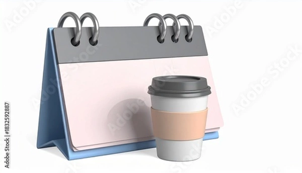 Obraz 3d calendar icon with cup of coffee symbolize bussiness and time isolated on white background