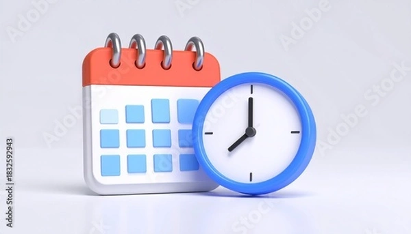 Obraz A 3d icon of a wall clock and calendar shows the business concept of an office deadline with hours, minutes, and seconds visible on the watch dial