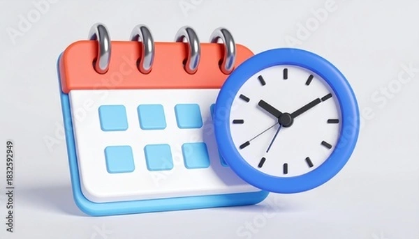 Obraz A 3d icon concept depicts a round wall clock and calendar showing the business deadline time in hours, minutes, and seconds, with the dial face and number design clearly visible