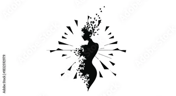 Obraz Abstract silhouette of a woman dissolving into digital particles against a geometric burst