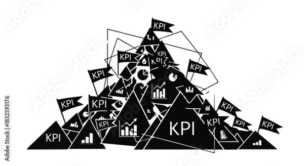 Obraz Abstract mountain peak adorned with KPI flags and business growth charts symbolizes success and achievement.
