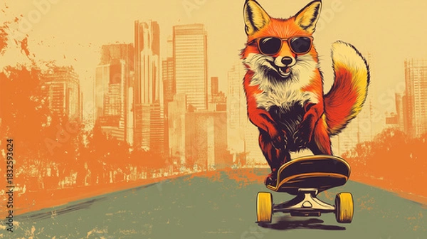 Fototapeta Stylish fox in sunglasses riding a skateboard in a grunge urban art style