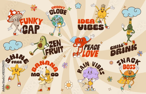 Fototapeta Vintage funny Y2K groovy characters stickers for label patches, cartoon vector set. Groovy stickers with funky mushroom whistling and cool freaky banana, love heart character with happy smile on face
