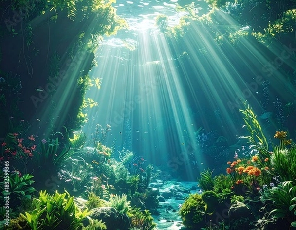 Fototapeta Submerged paradise with cascading light illuminating aquatic life