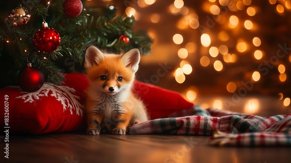 Fototapeta A small fox sitting by a Christmas tree with gifts in a cozy holiday atmosphere