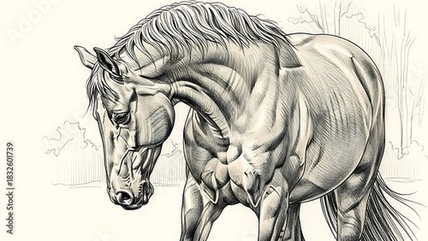 Obraz Detailed Black and White Artistic Drawing of a Muscular Horse in Natural Setting