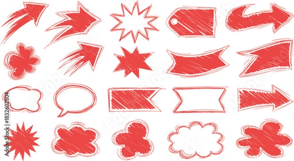 Fototapeta Red Hand-Drawn Sketch Elements Set Arrows, Starbursts, Speech Bubbles and Banners