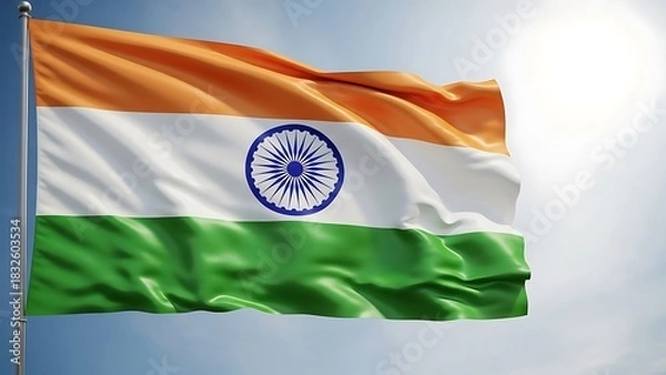 Obraz Indian Flag Waving in Bright Sunlight Against Clear Sky