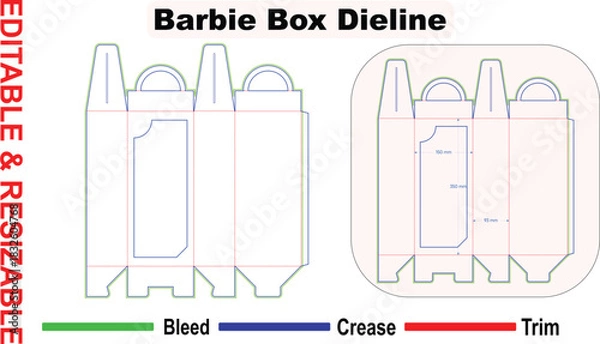 Fototapeta Editable resizable toy handle box dieline – hanging retail doll packaging die cut layout with window, bleed, trim and crease lines – vector folding carton template for print ready design