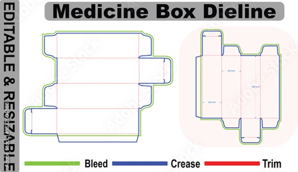 Fototapeta Editable resizable wide medicine box dieline – pharmaceutical carton die cut layout with bleed, trim and crease lines – vector print ready packaging template for healthcare products