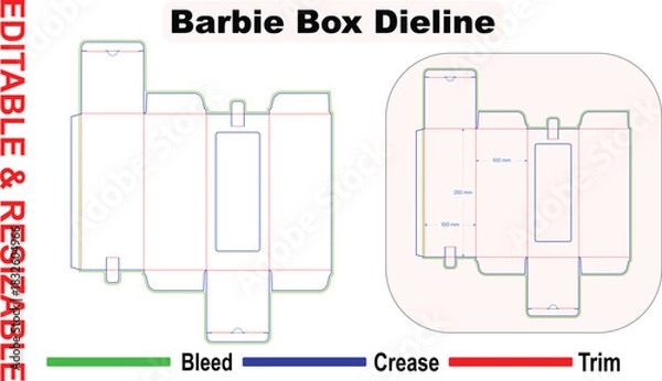 Fototapeta Editable resizable toy doll packaging box dieline – vertical window retail carton die cut layout with bleed trim and crease lines – professional vector template for print ready folding box design